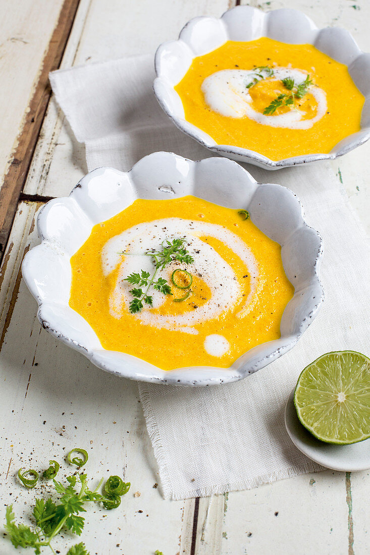 Carrot and ginger soup with lime cream