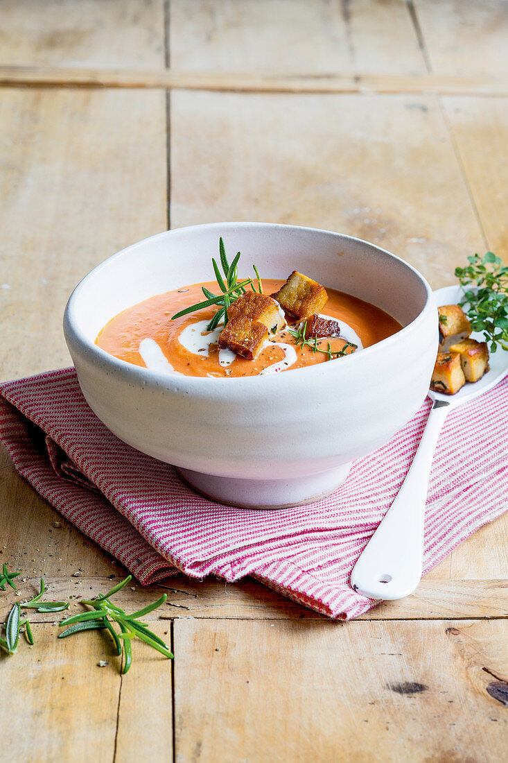 Cream of tomato soup with herb tofu