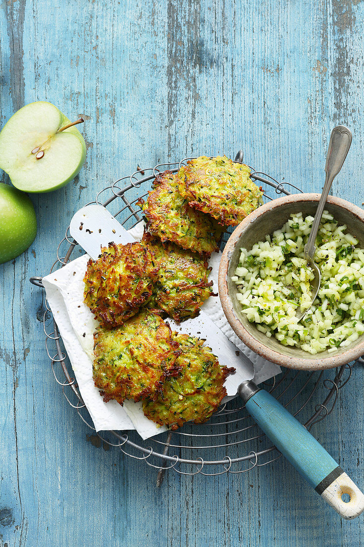 Vegetarian courgette fritters with and apple and herb tartare salad