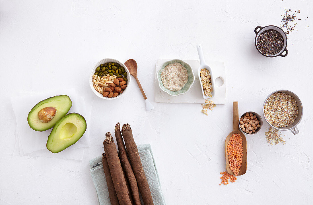 Low carb foods: avocado, nuts, salsify, tiger nuts, chia seeds, quinoa, oatmeal and red lentils