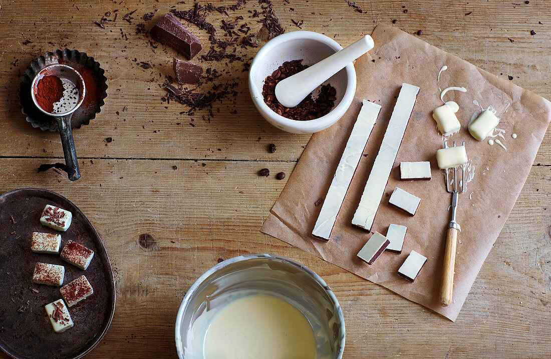 Sliced white pralines being made