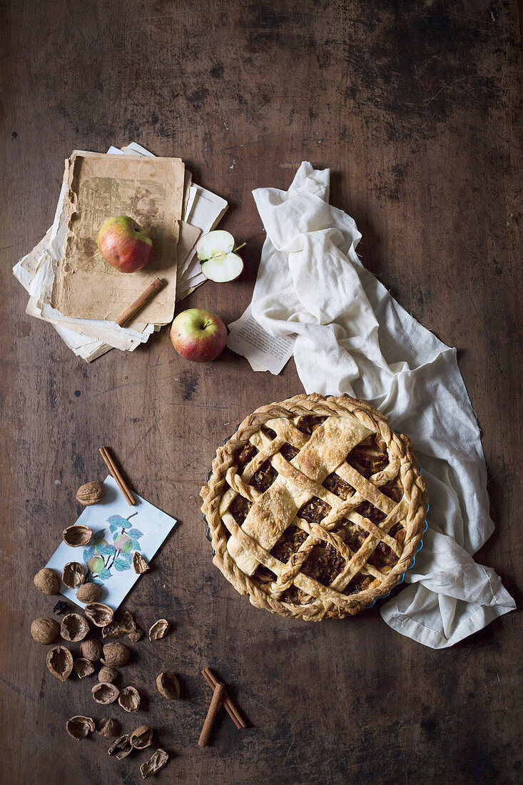 Rustic apple pie with walnuts (seen from above)