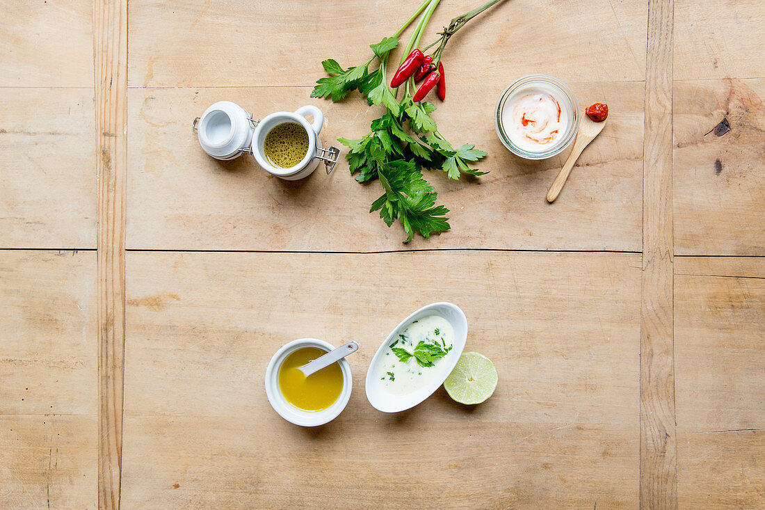 A selection of dressings – vinaigrette with herbs, yoghurt and crème fraîche