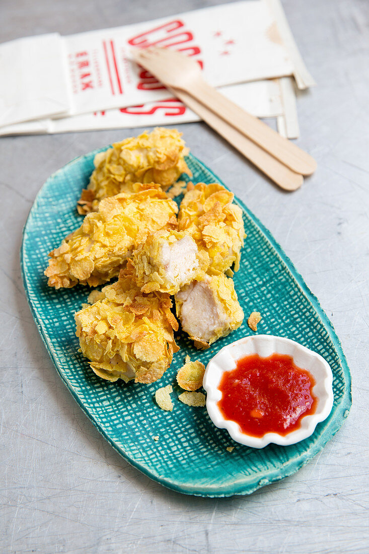 Chicken Nuggets in Cornflakes-Panade mit Tomatensalsa