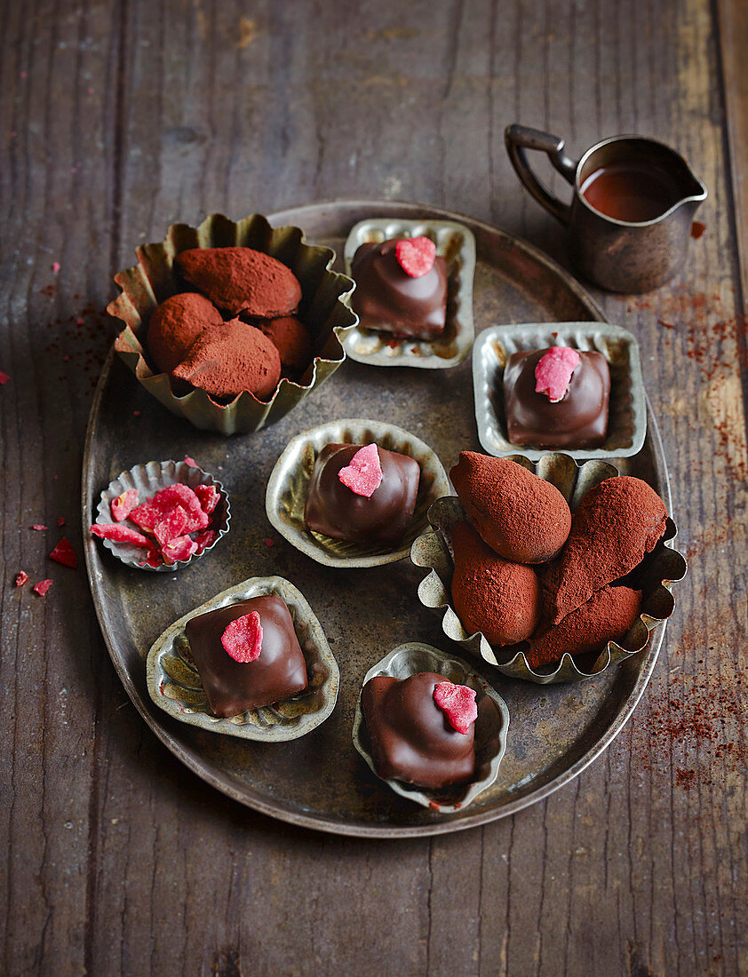 Lychee and rose jelly pralines and raspberry drops