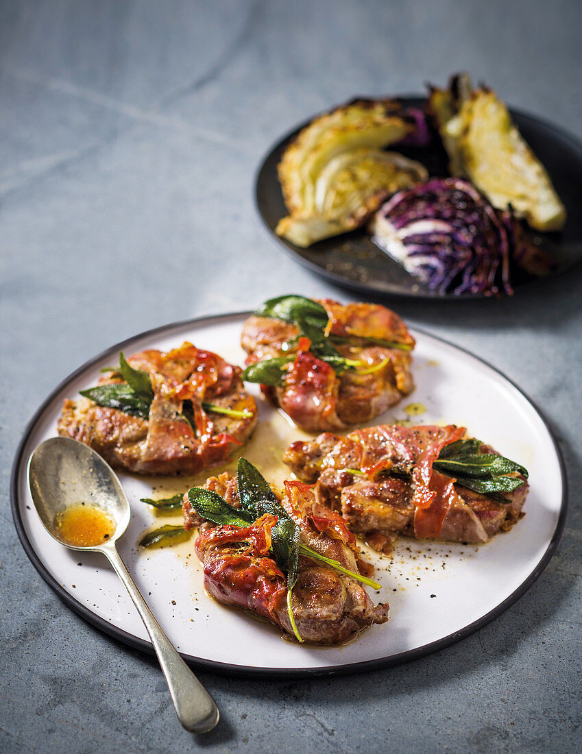 Pork neck saltimbocca with roasted cabbage