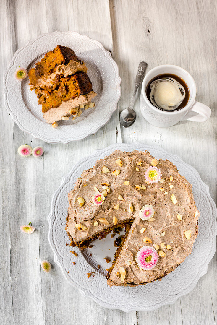 Nut cake decorated with daisies