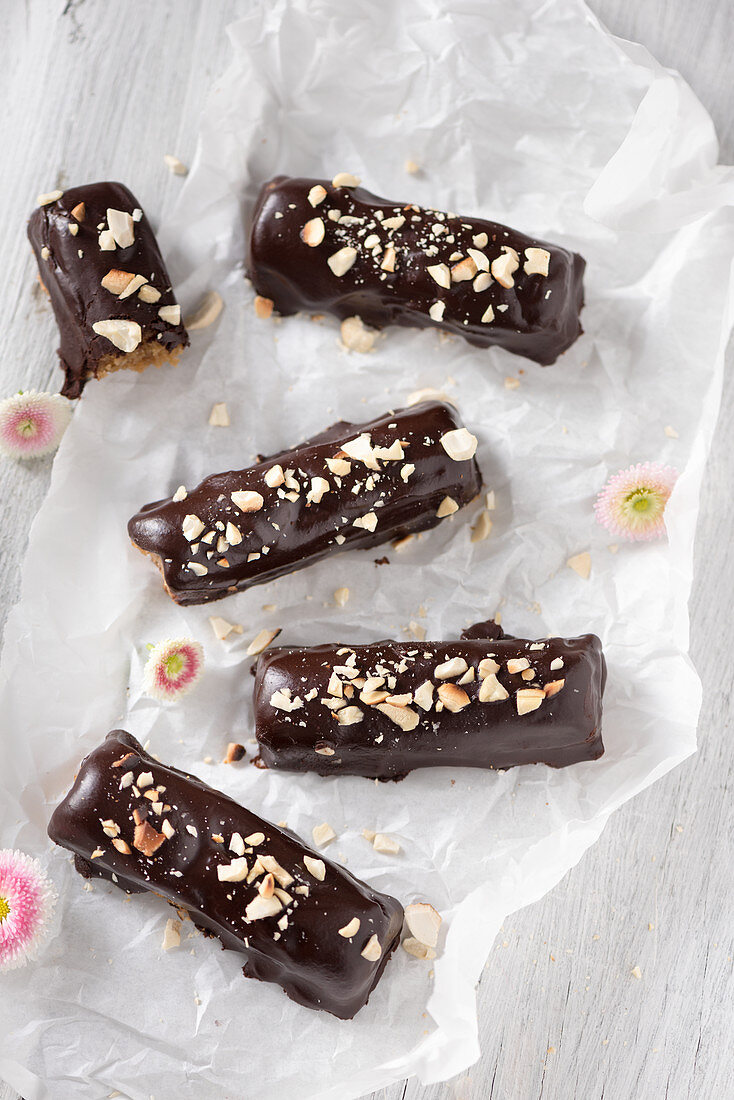 Nut bars glazed with chocolate