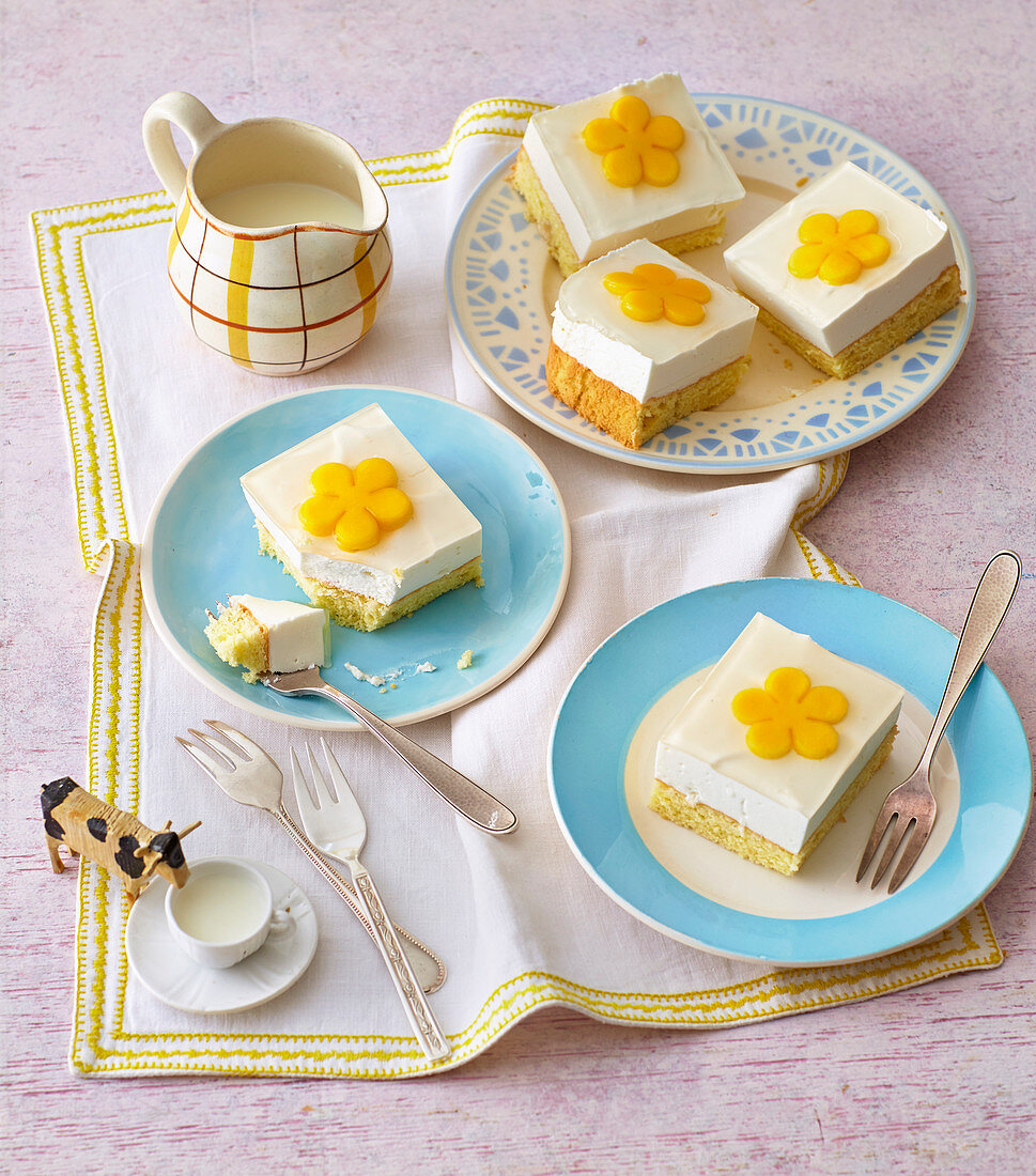 Cream slices decorated with mango flowers