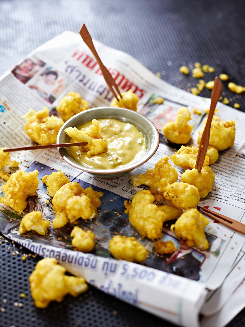 Cauliflower tempura with a dip