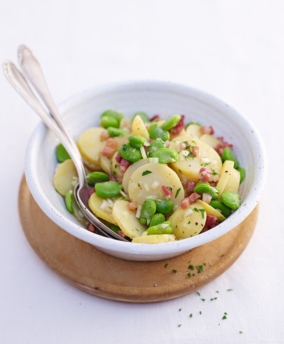 Broad bean and potato salad with diced bacon