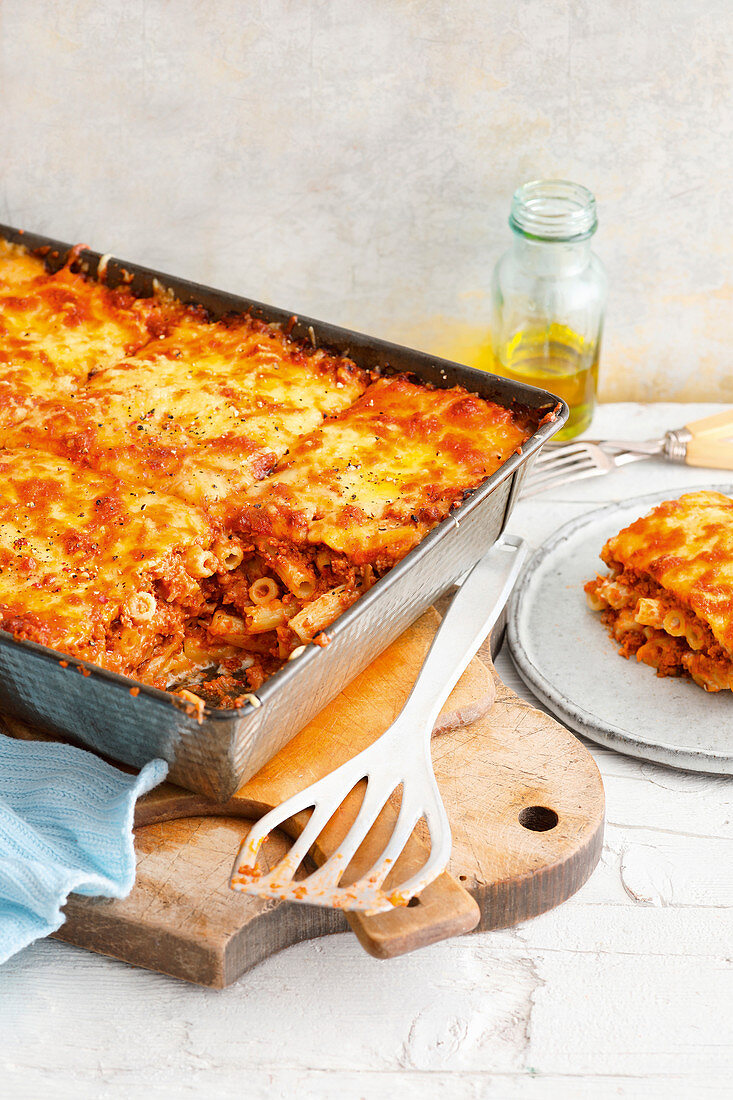 False maccaroni lasagne on a baking tray