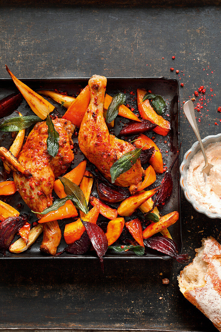 Colourful oven-roasted vegetables with peppered chicken on a baking tray