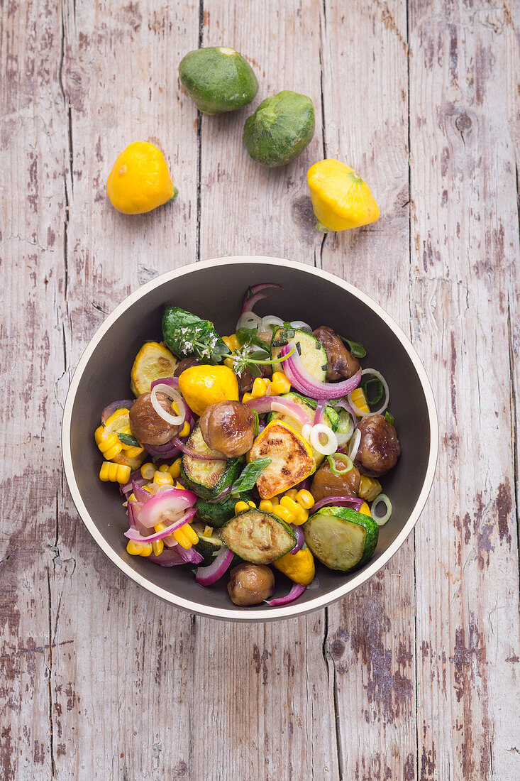 Patty pan squash hash with sweetcorn and chestnuts