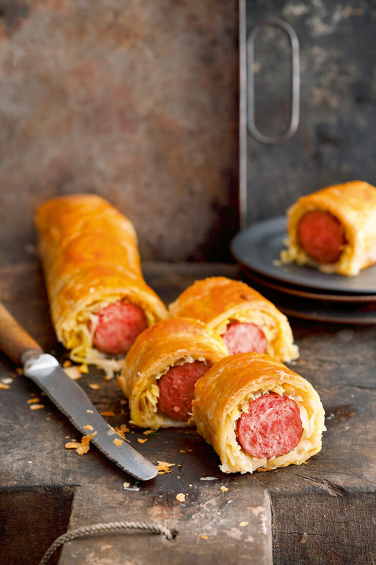 Sausages with sauerkraut wrapped in pastry