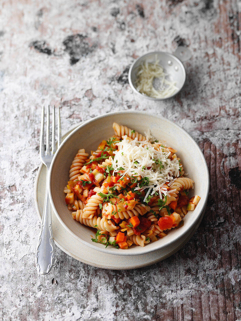Chickpea fusilli with a vegetable ragout and Parmesan cheese
