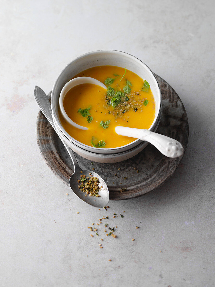 Pumpkin and ginger soup with fresh coriander