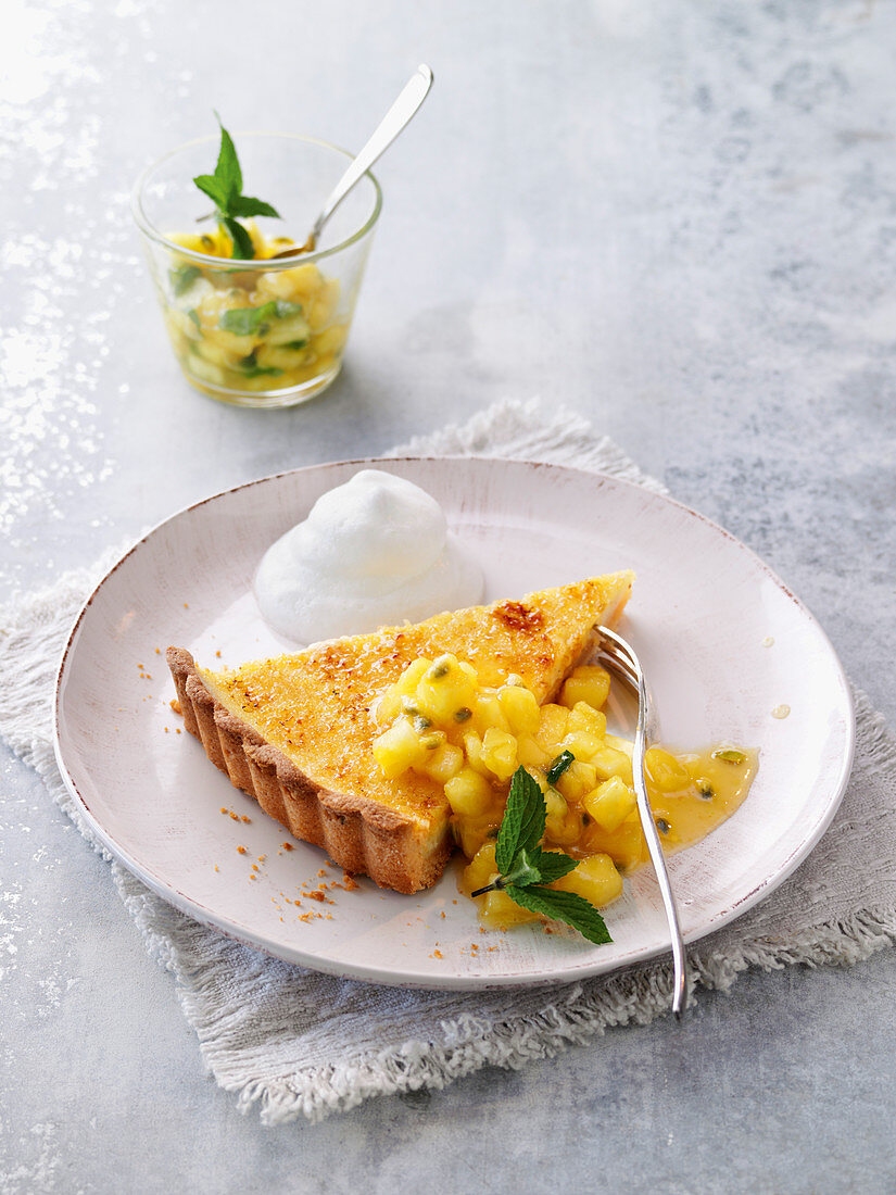 Caramelised lime tart with a pineapple salad and pina colada foam