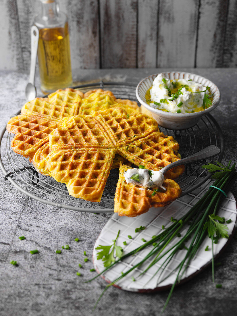 Vegetable waffles with herb quark