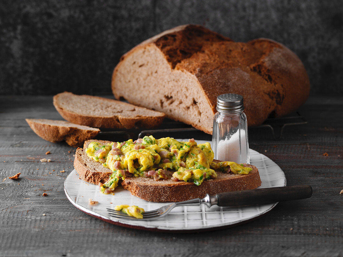 Country bread with ham scrambled eggs