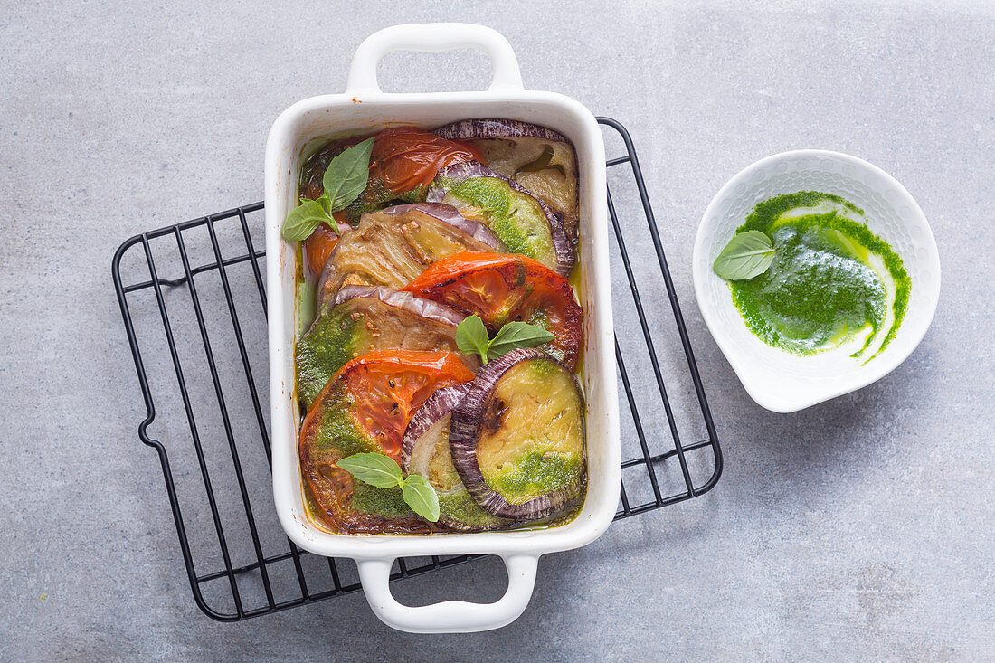 Vegan aubergine and tomato gratin