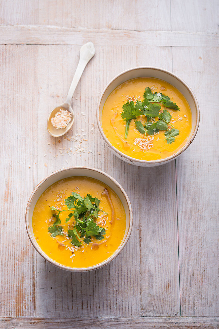 Vegan pumpkin and coconut soup with coriander