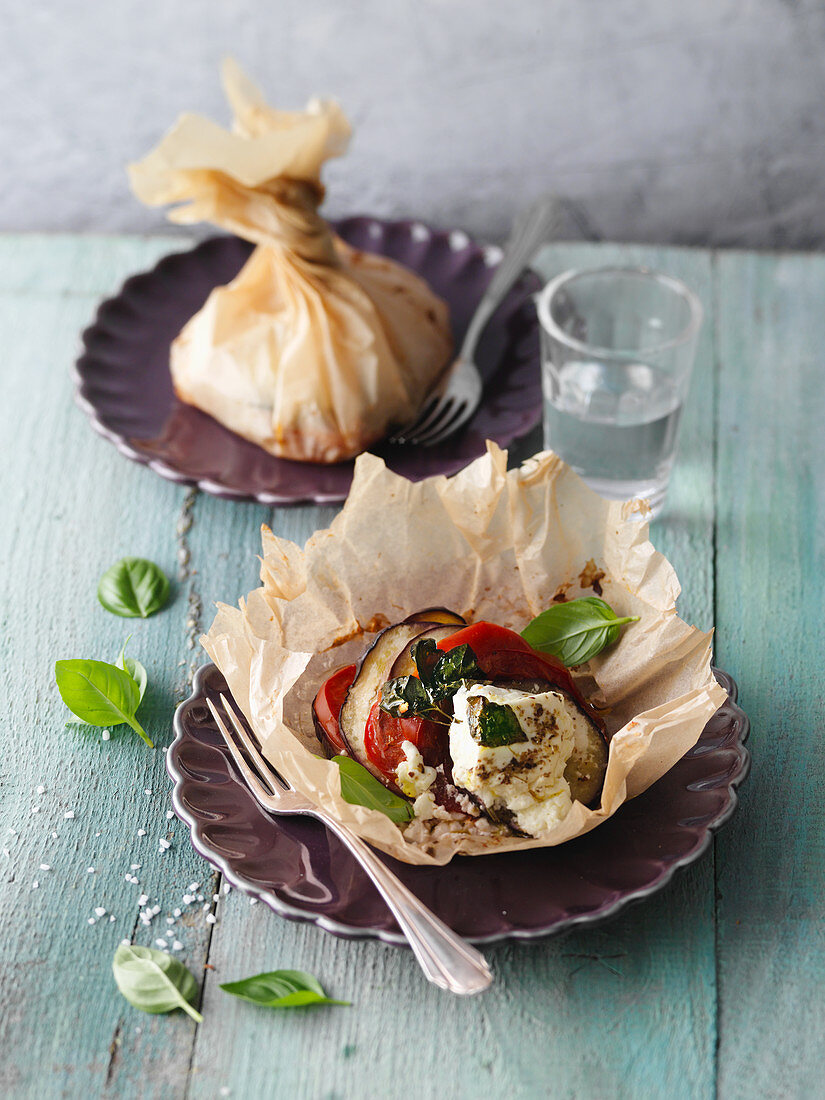 Aubergine and feta cheese parcels in parchment paper