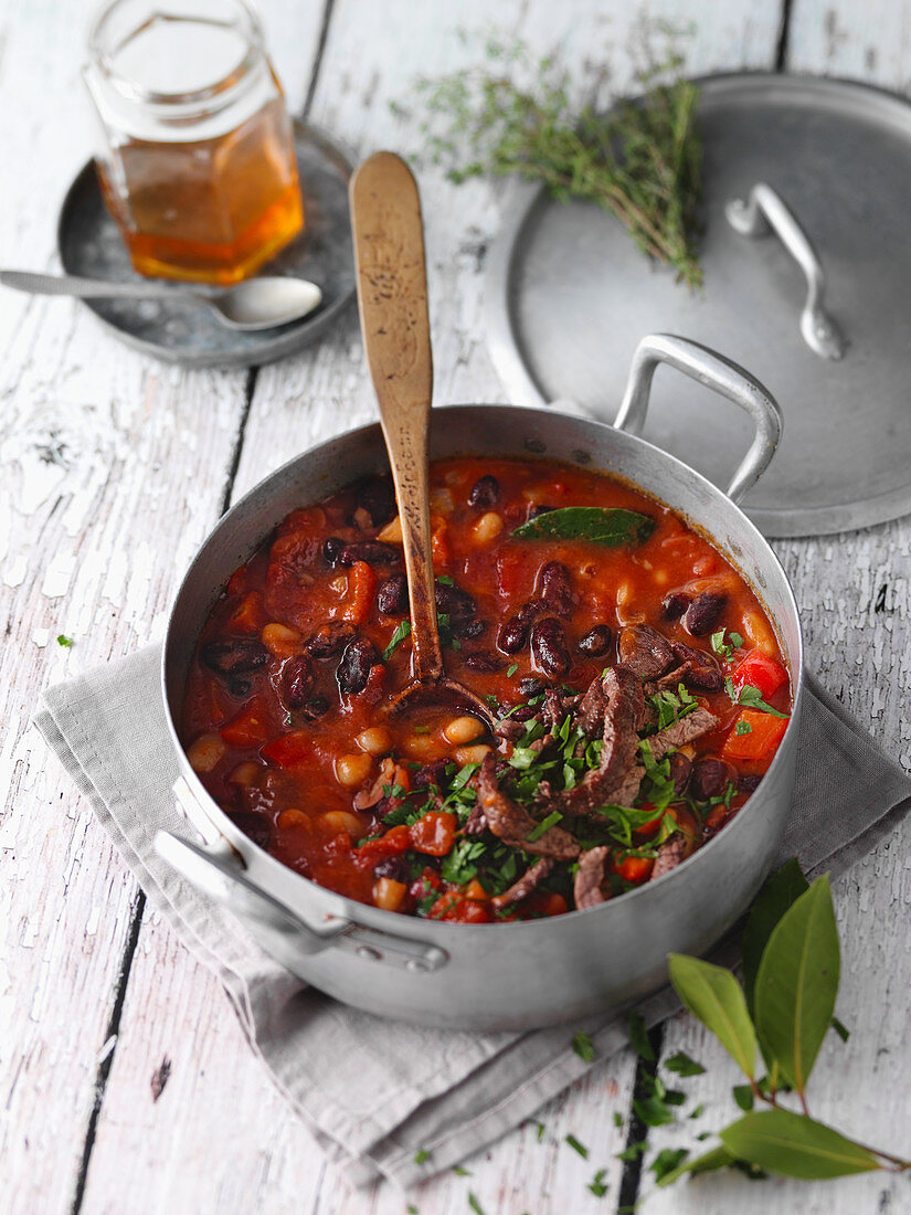 Quick bean stew with beef fillet