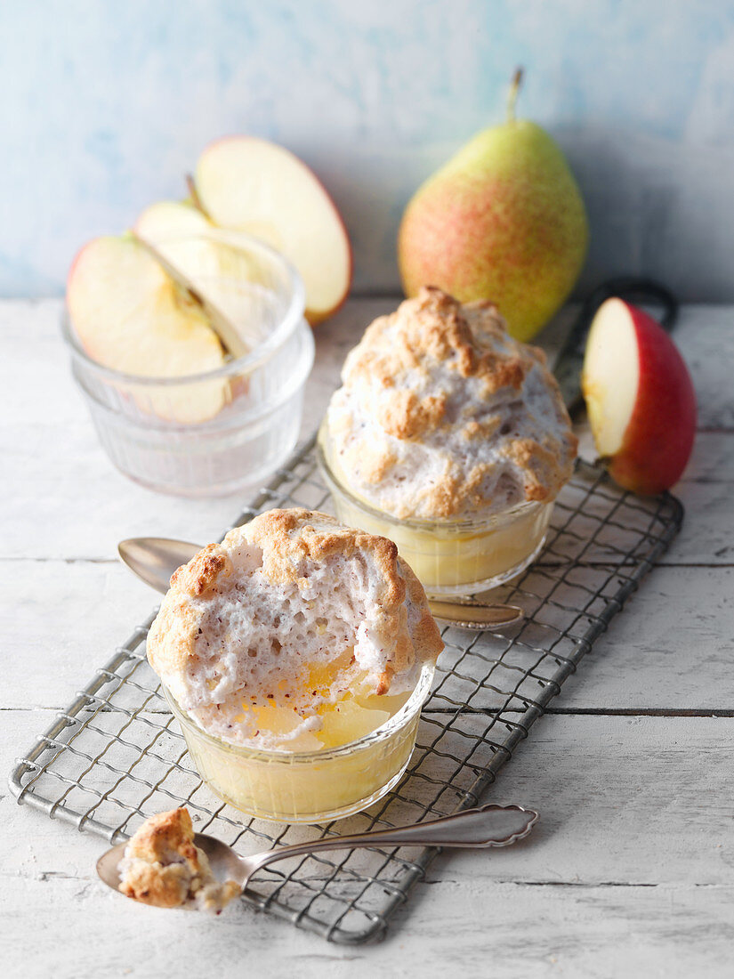 Warm pear and apple compote gratinated with a nut topping