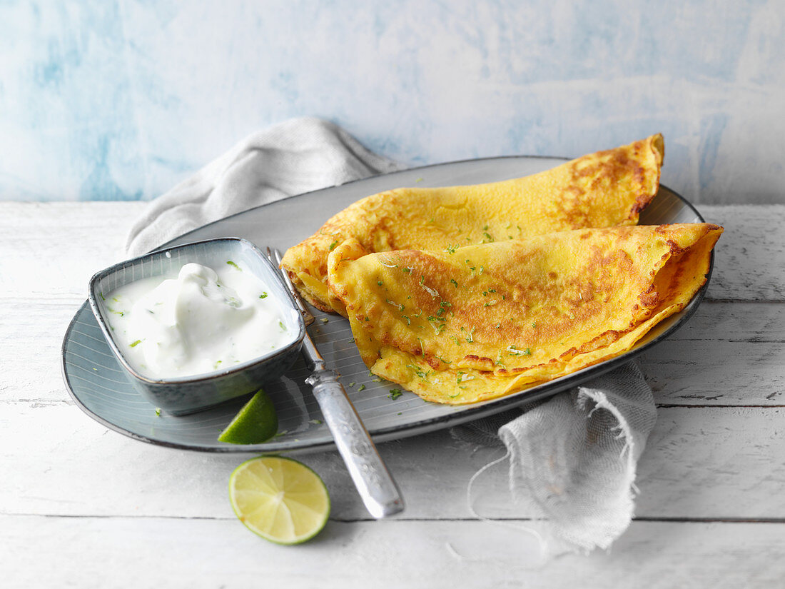 Almond crepes with lime yoghurt