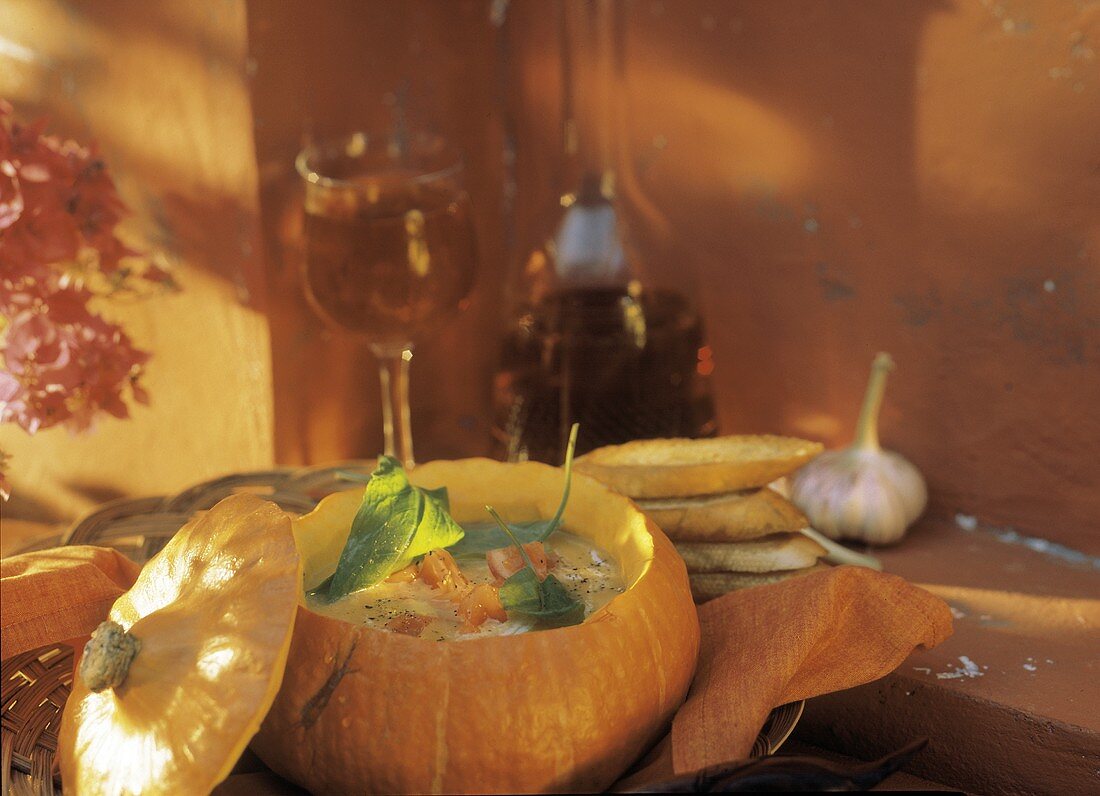 Kürbissuppe mit Sauerampfer & Tomaten im Kürbis serviert