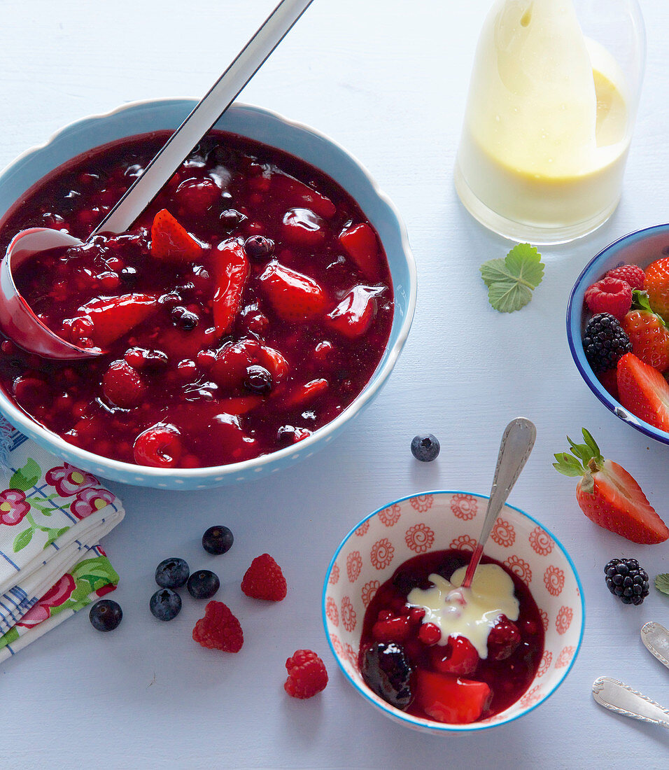 Red berry compote with custard