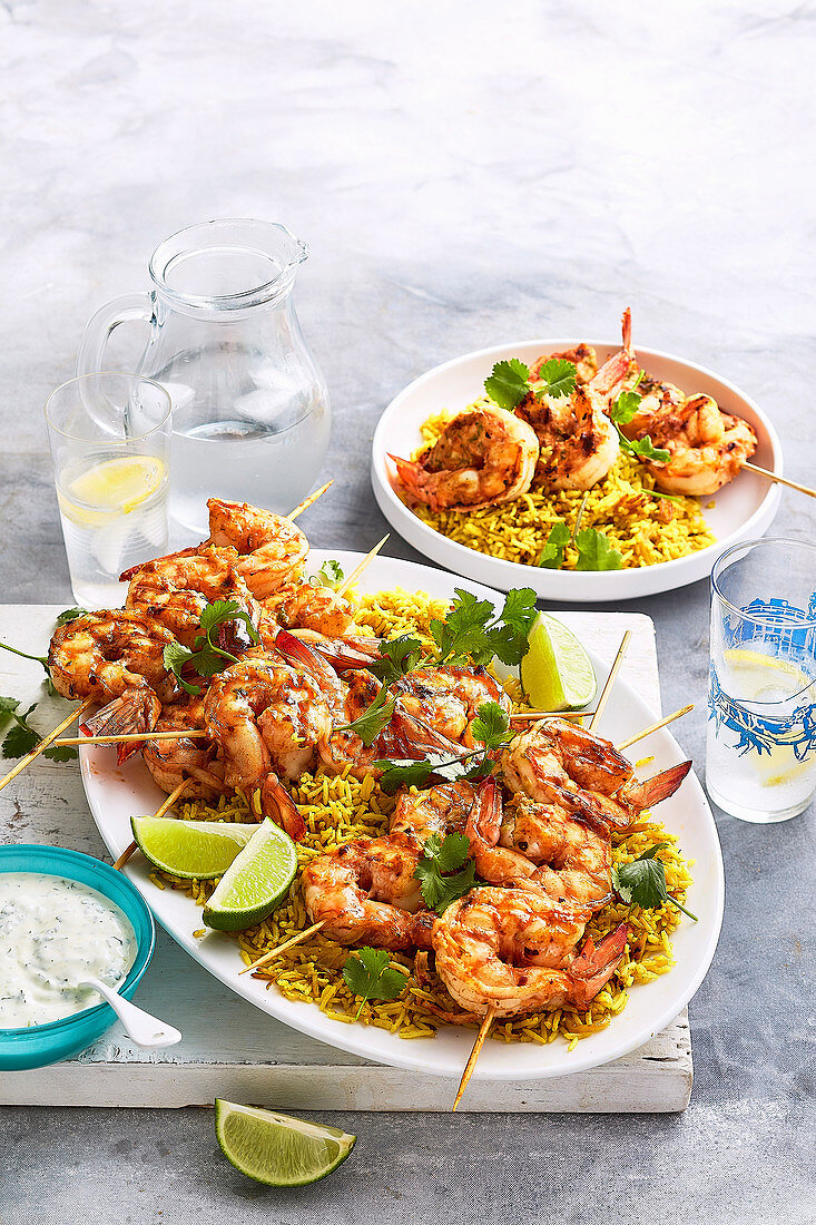 Spiced Prawn Skewers with Coriander Pilaf and Lime Yoghurt