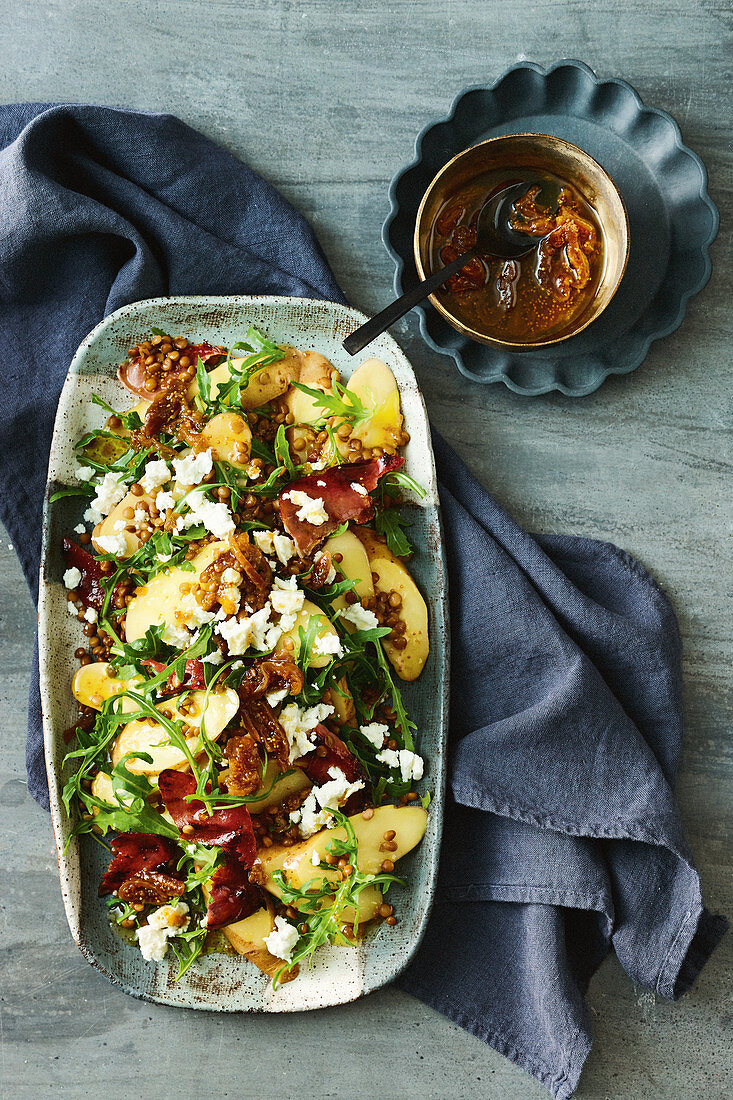 Potato, lentil and prosciutto salad with fig dressing