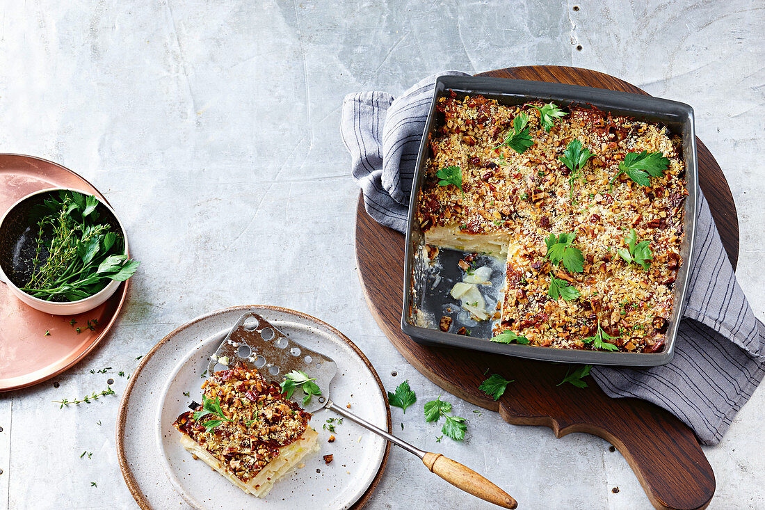 Parsnip, leek and potato gratin with pecan crumble