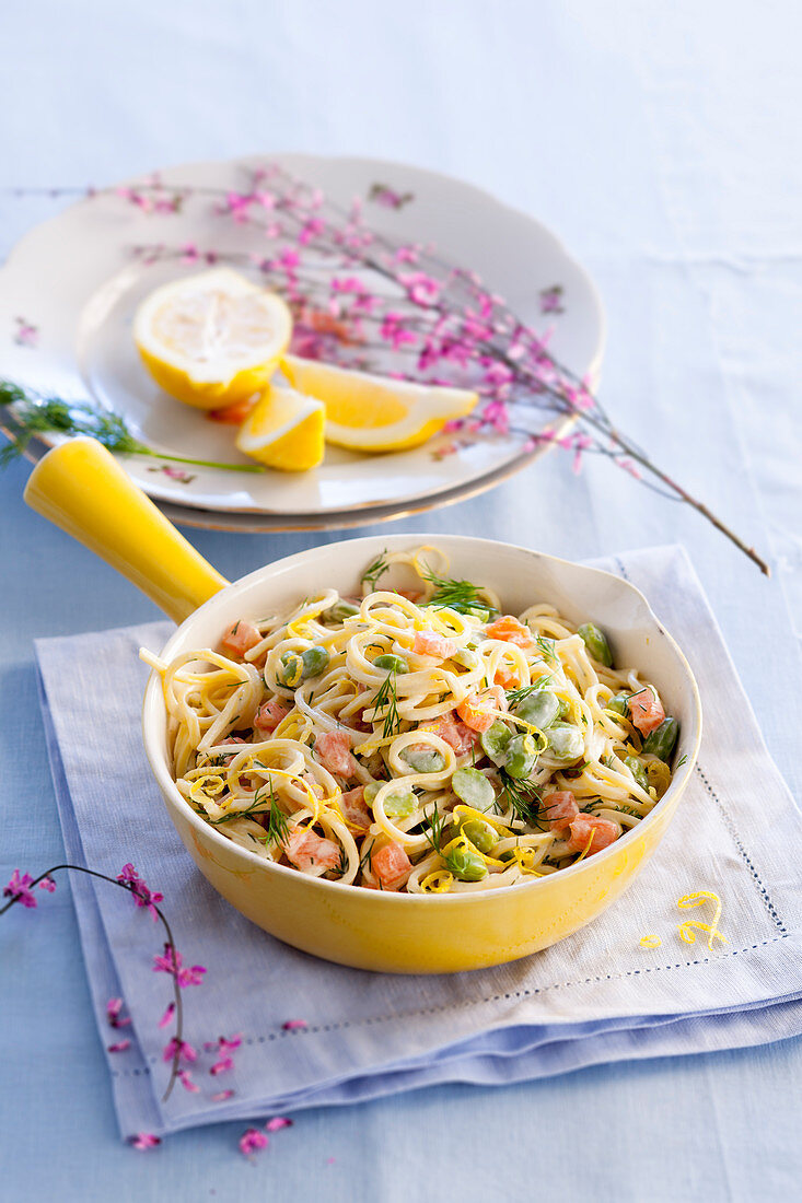 Linguine with broad beans and salmon