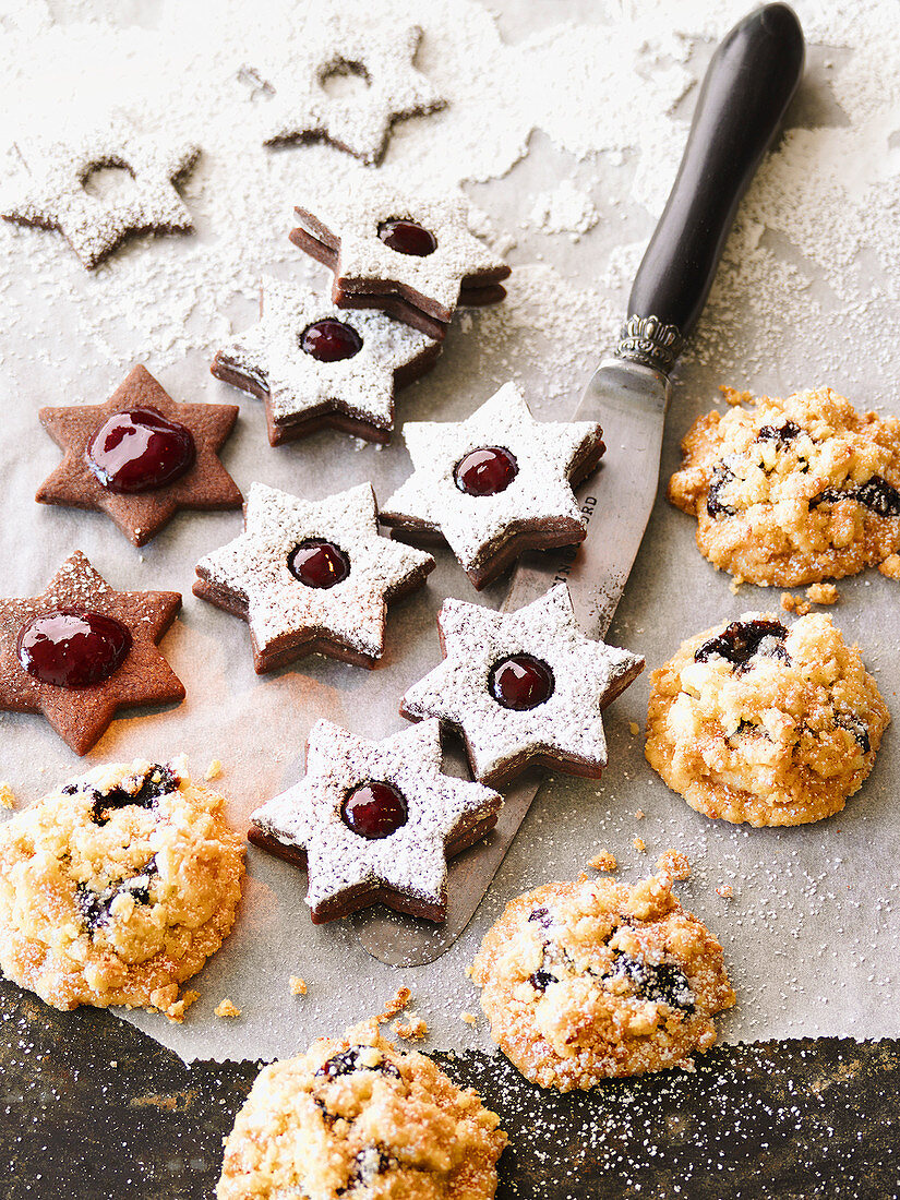 Coconut biscuits with plums and raspberry jam shortbread biscuits