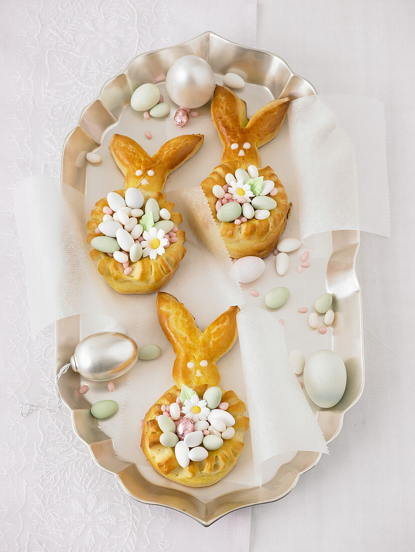 Easter bunny wreaths filled with small, sugared Easter eggs