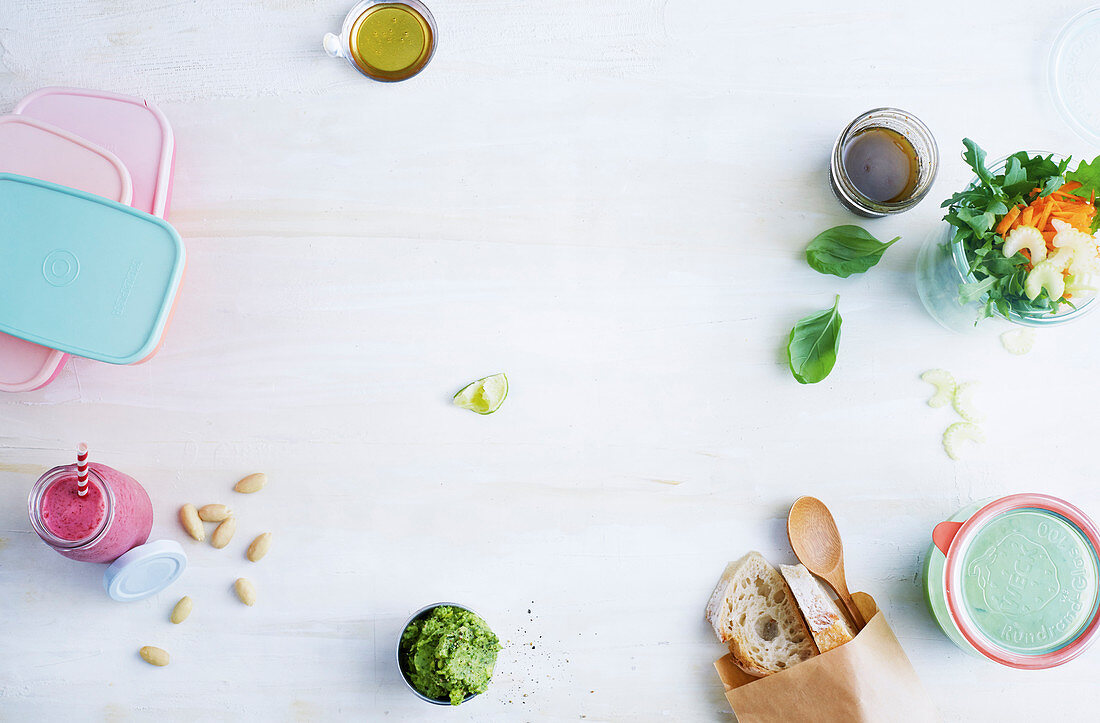 Salad, a vegetable spread and a smoothie