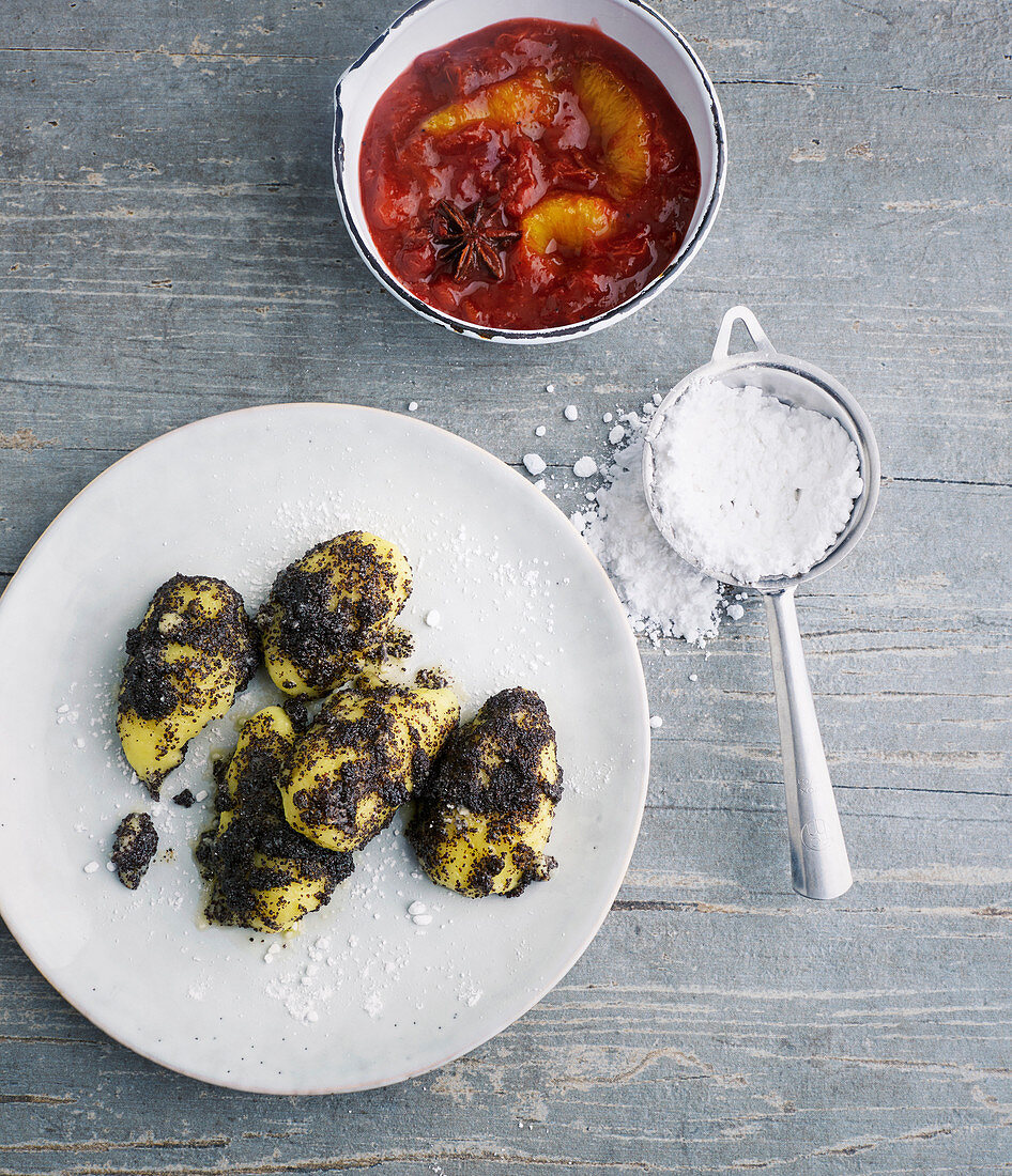 Quark dumplings with poppy seeds and a damson and orange compote