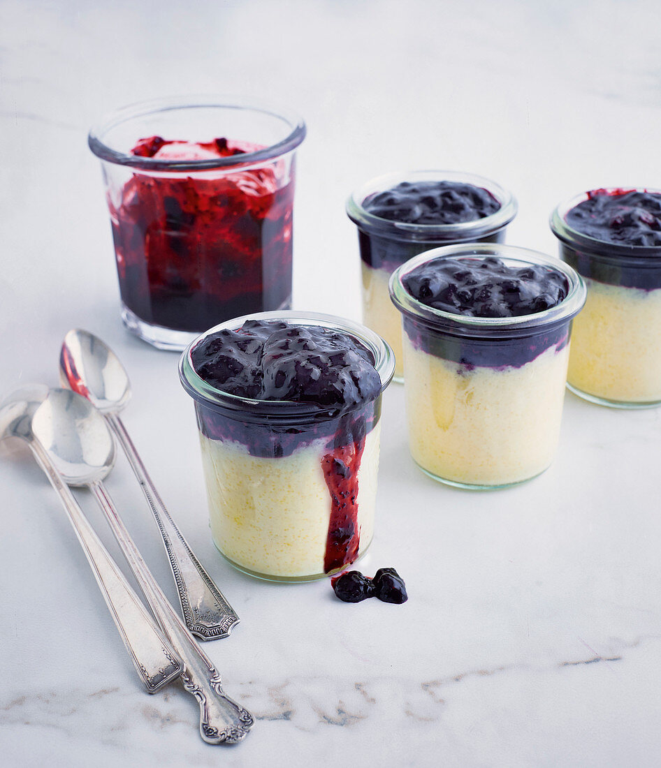 Ricotta cake in jars with blueberries