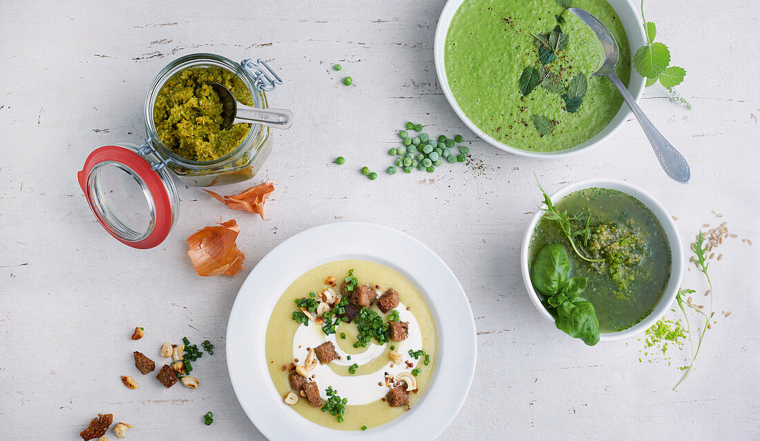 Vegetable stock paste, pea soup, herb soup and potato soup