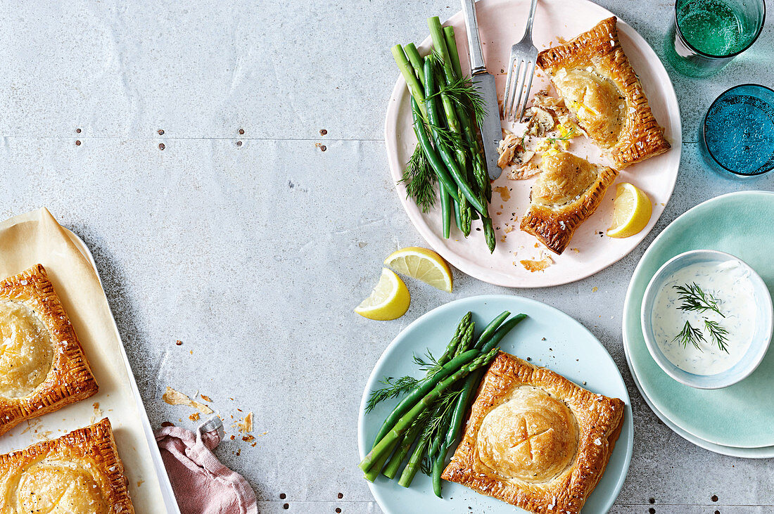 Salmon coulibiacs with creamy Horseradish sauce