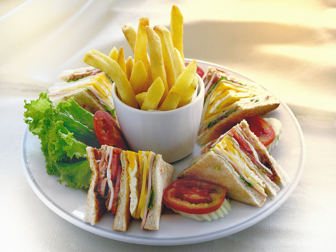 Club sandwiches with french fries