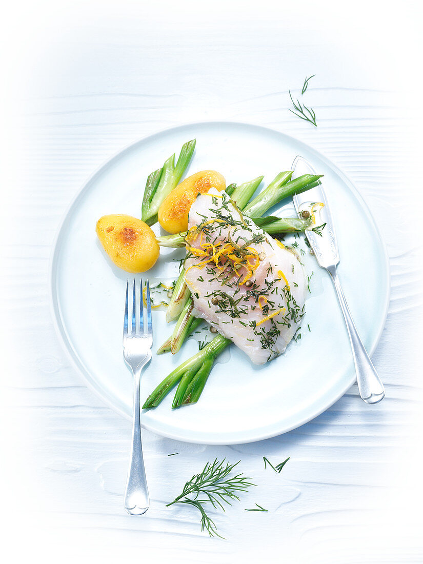 Cod with dill, lemon, spring onions, and peeled potatoes