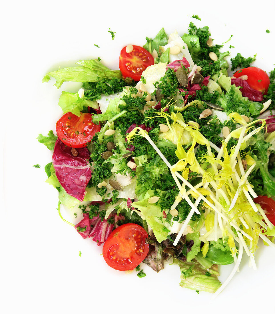 A mixed salad with herbs, sprouts and seeds