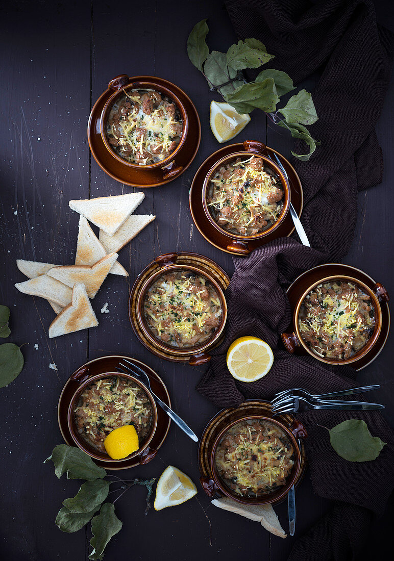 Spiced vegan soya dish gratinated with plant-based cheese