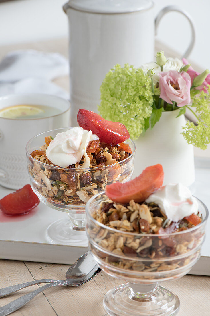 Muesli with poached fruit and yoghurt