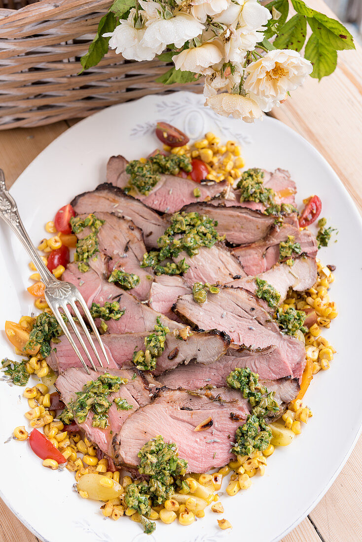 Honey and lavender lamb on a bed of sweetcorn with salsa verde