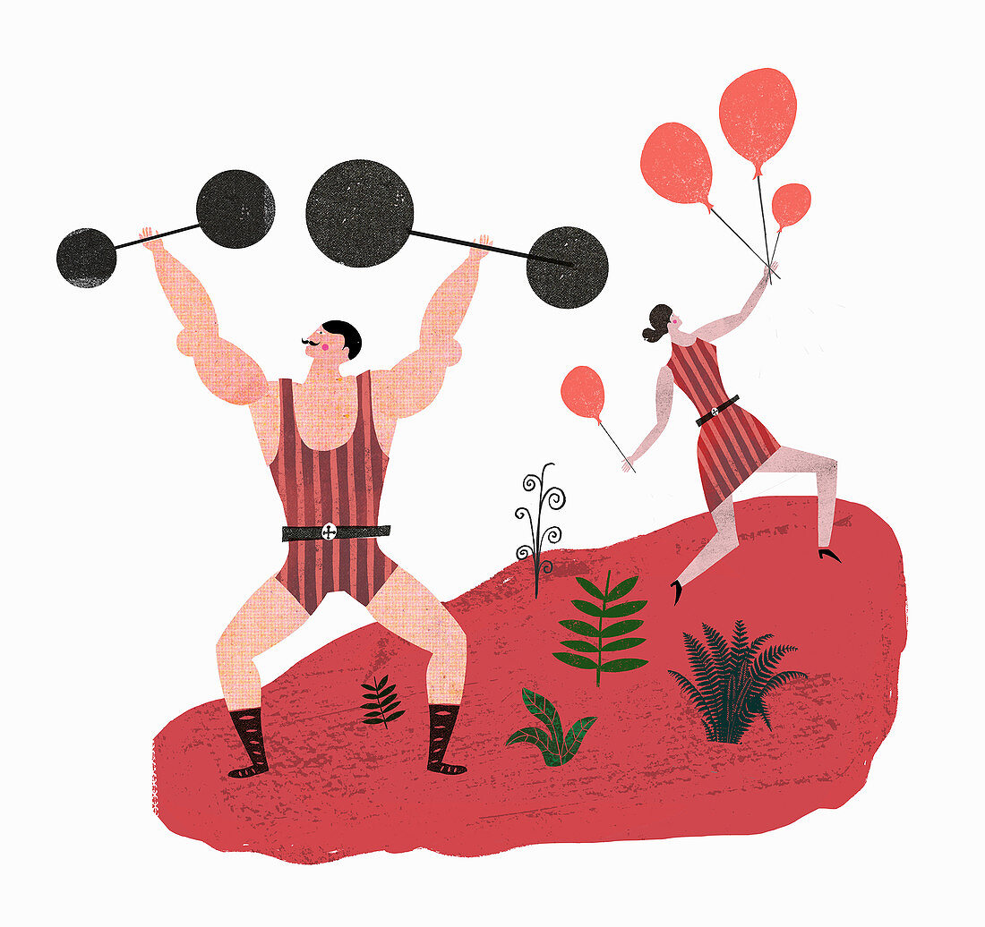 Illustration: A weight lifter and a woman with balloons